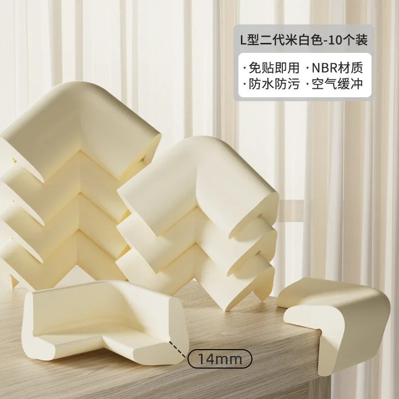 Ten pieces of L-shaped white corner and table edge guards made of durable NBR material for baby safety.