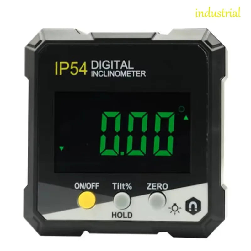 A black digital inclinometer device with an IP54 rating and a display showing 0.00 degrees.