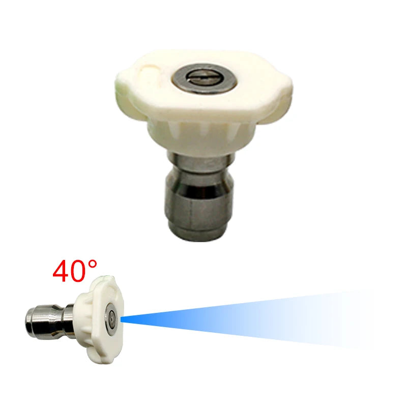 A white high-pressure spray nozzle set with a quick connect fitting shown at a 40-degree angle.