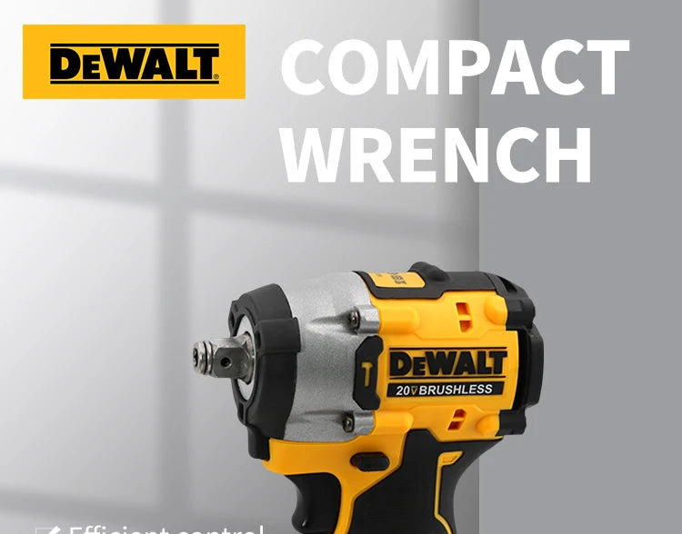 A yellow and black DEWALT compact wrench power tool is shown against a gray background.