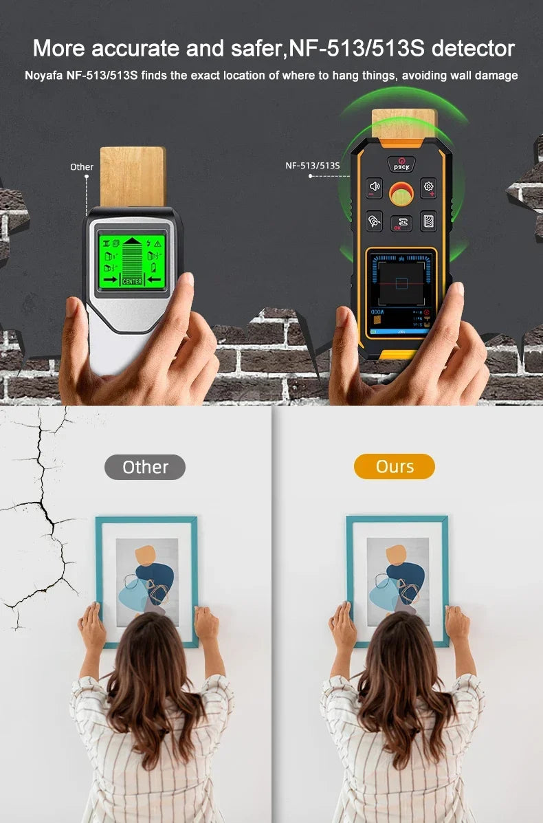 A hand holds an NF-513/513S detector, showing its function for finding the exact location of things to hang on a wall.
