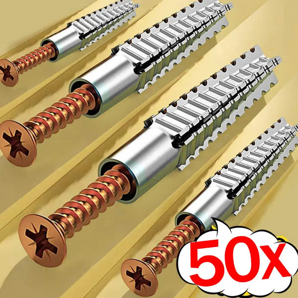 A set of metal serrated expansion screws for concrete anchors shown in various angles.