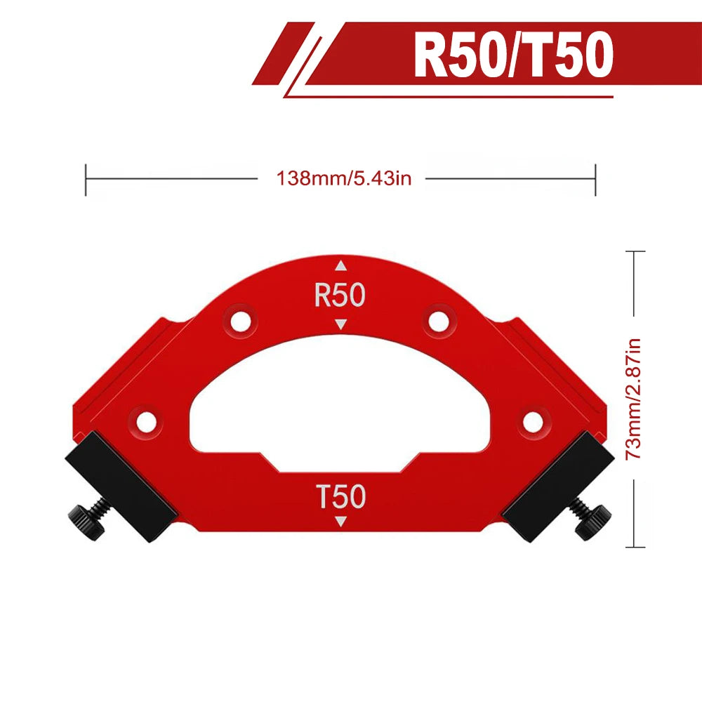 Red precision radius jig labeled R50/T50 with dimensions 138mm and 73mm.