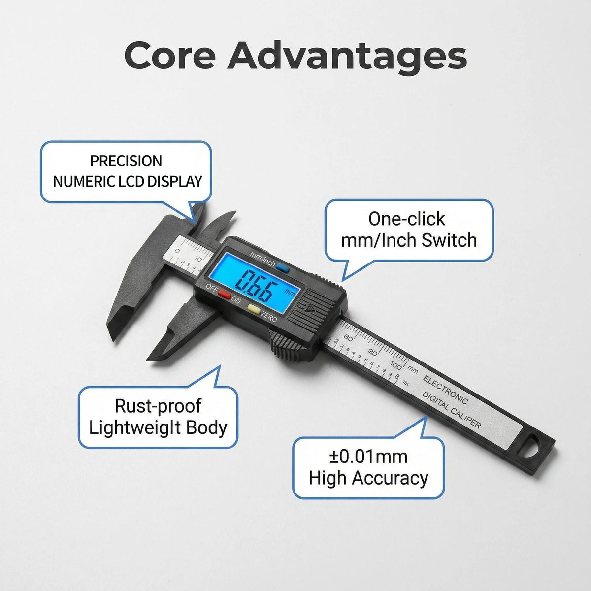A digital caliper with a numeric LCD display and one-click mm/inch switch is shown, highlighting precision and high accuracy 