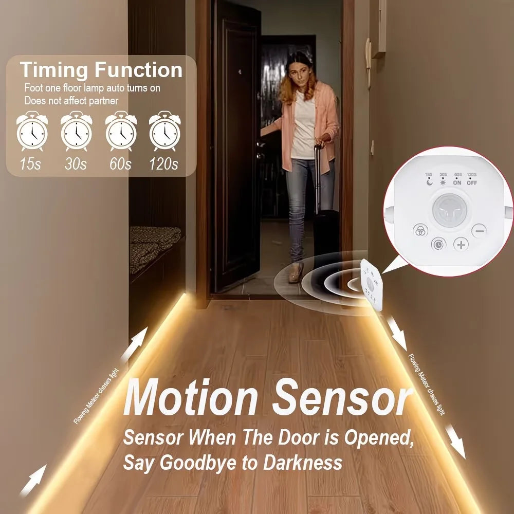 LED motion sensor light strip illuminating a hallway with a neon chasing effect.