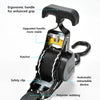 Close-up view of a black heavy duty retractable ratchet strap with an ergonomic handle and safety clip.