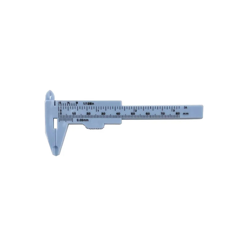 A light blue precision plastic vernier caliper set with a metal jaw and scale markings.