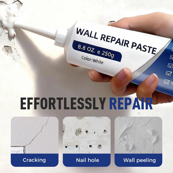 Eine Hand hält ein weißes Tube Wandreparaturpaste zum mühelosen Reparieren von Rissen, Nagellöchern und abgeblätterter Wand.