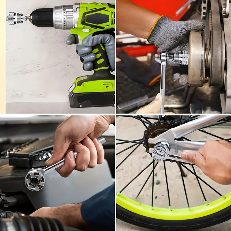 A set of adjustable universal socket wrenches being used on various mechanical and bicycle components.