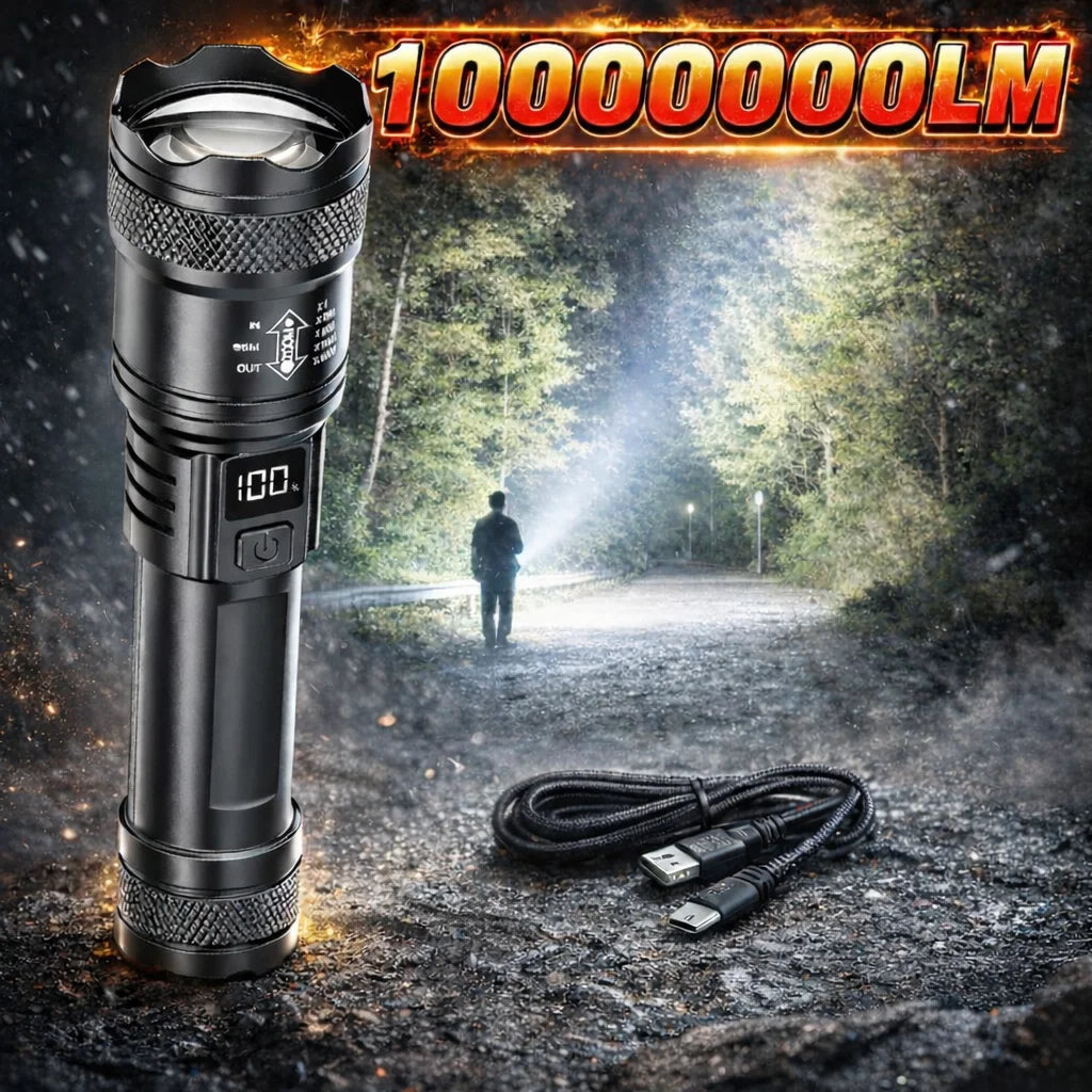 Schwarze taktische LED-Taschenlampe mit Zoomfunktion auf rauer Oberfläche mit Kabel.