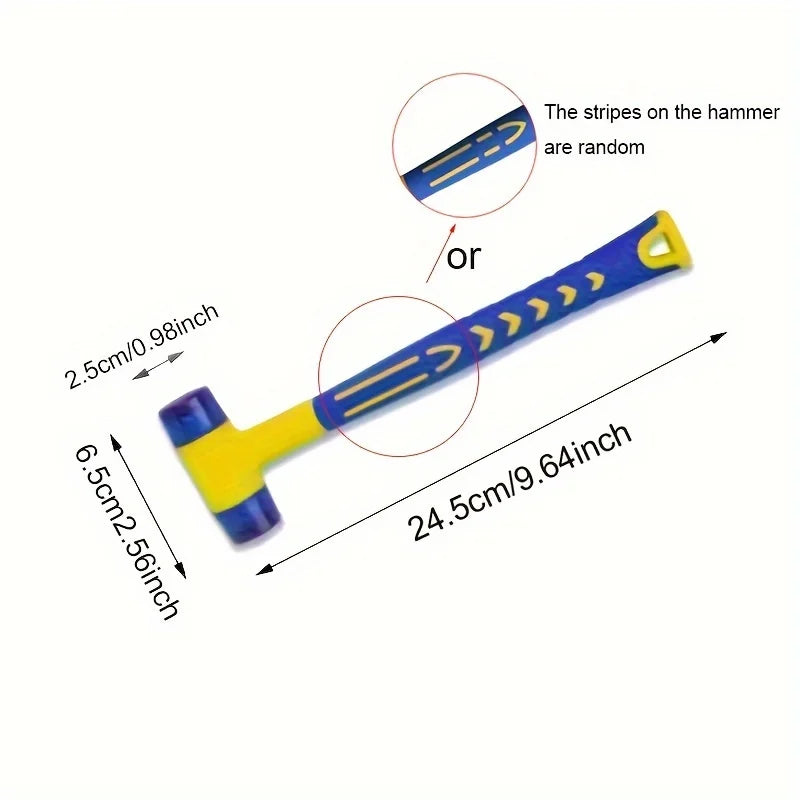 A yellow and blue rubber and plastic hammer set with random stripes on the handle.