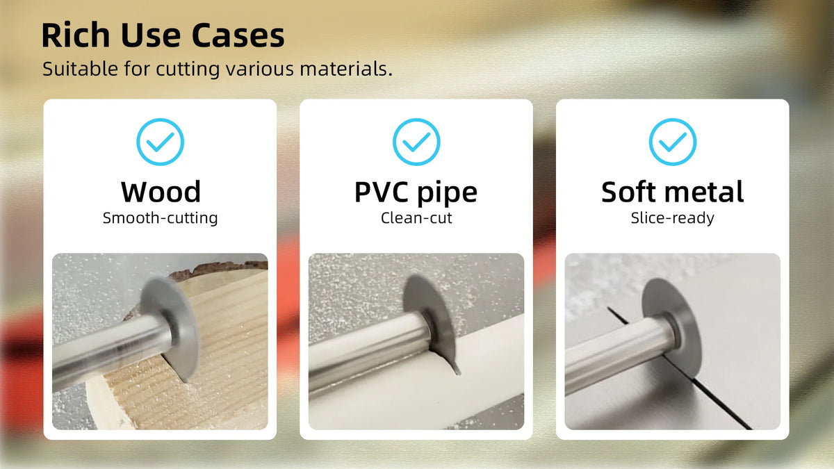 Three examples show the cutting capabilities of a universal set: wood, PVC pipe, and soft metal.
