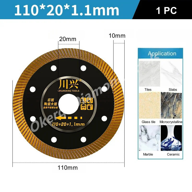 A circular diamond saw blade disc with a black center and gold rim, used for cutting tiles, slabs, glass, marble, and ceramic