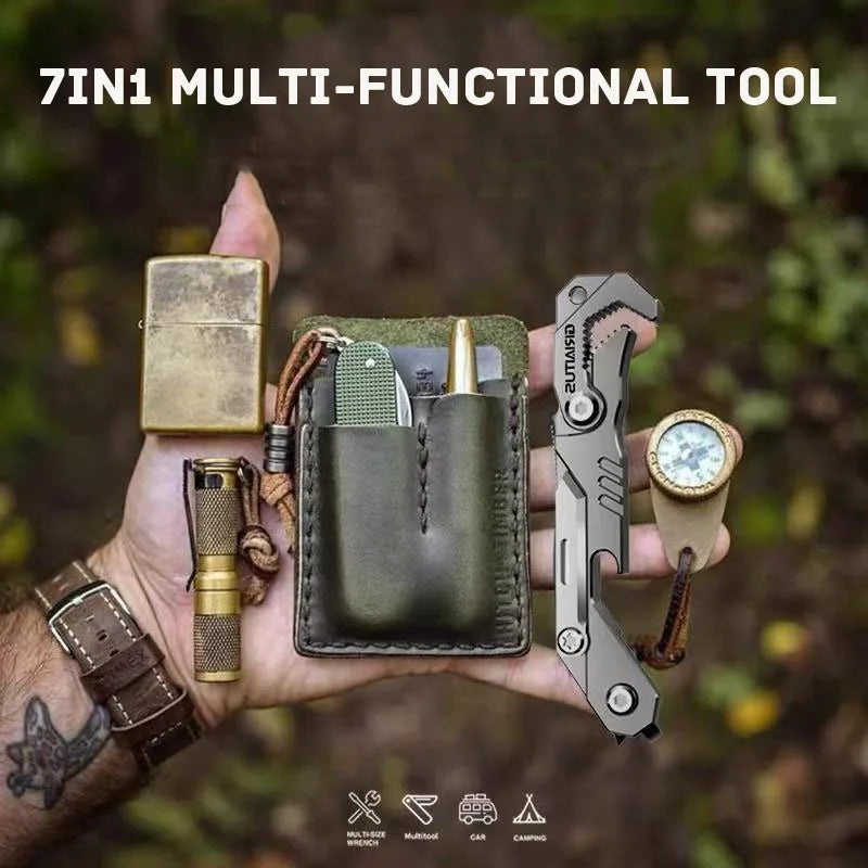 A hand holds a 7-in-1 multifunctional tool set featuring various stainless steel tools and accessories.