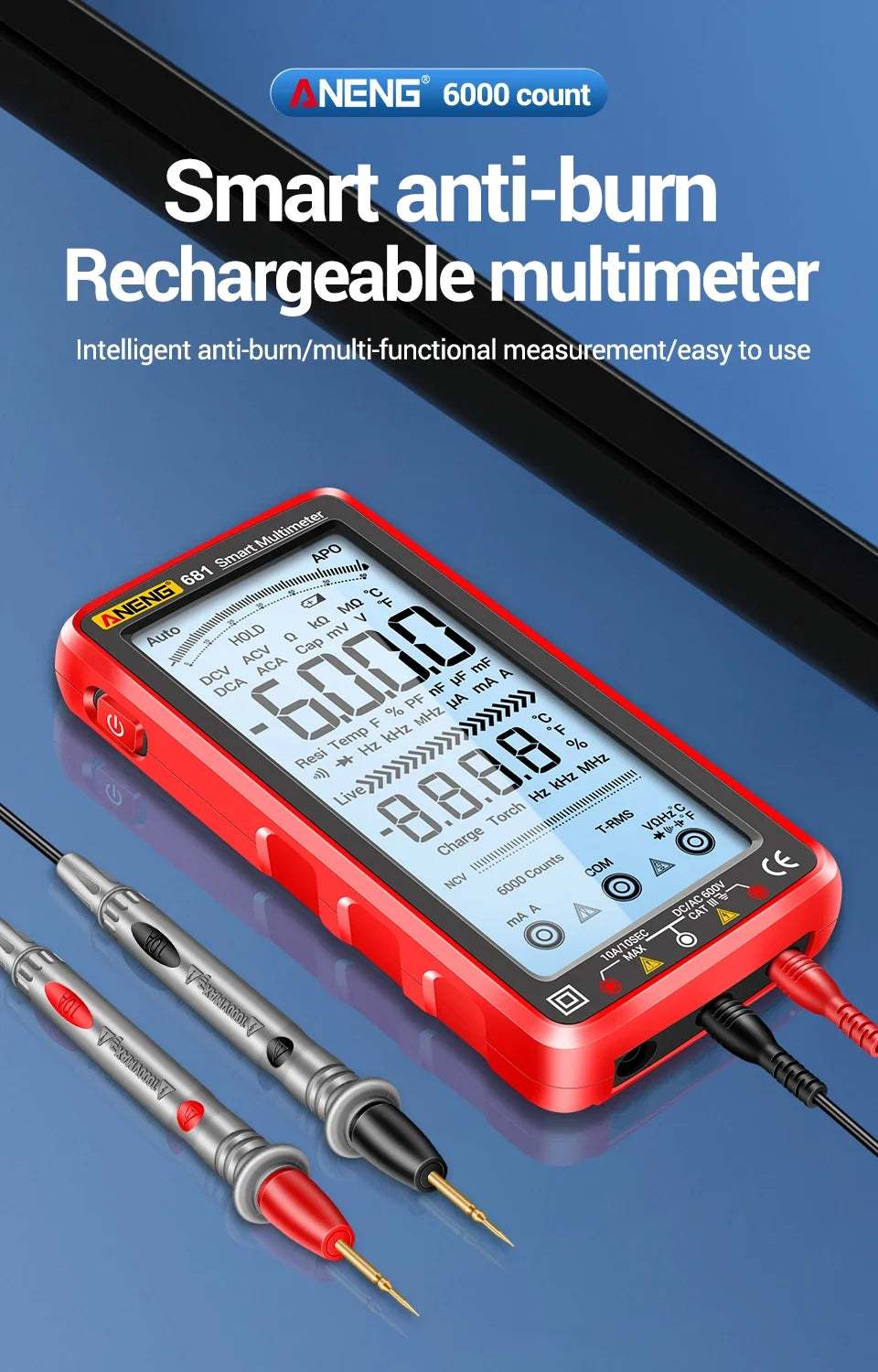 A red digital multimeter is shown with probes, demonstrating its anti-burn rechargeable features.