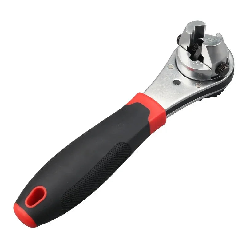 A silver adjustable chrome ratchet wrench with a black and red handle.