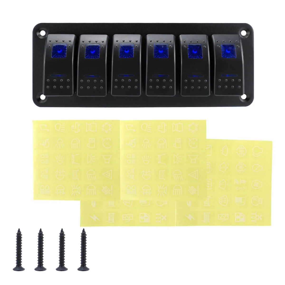 Black multi-group rocker switch panel with multiple blue indicator lights and yellow electrical connectors