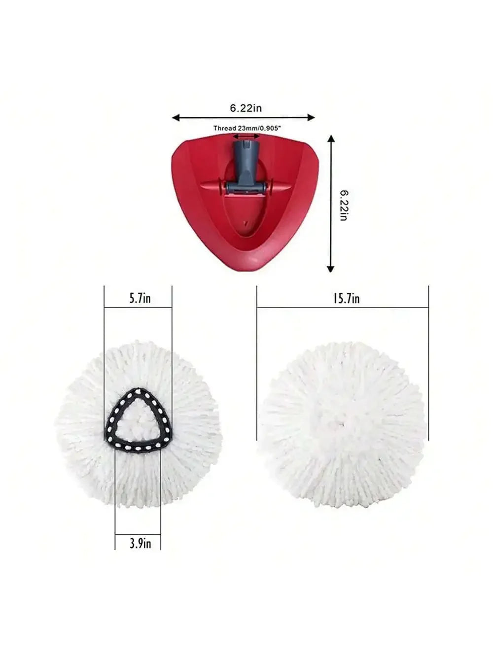 A red replacement mop head with a threaded connection and a white mop head.
