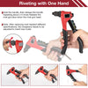A red manual rivet gun kit with interchangeable heads is shown being used to install rivets.