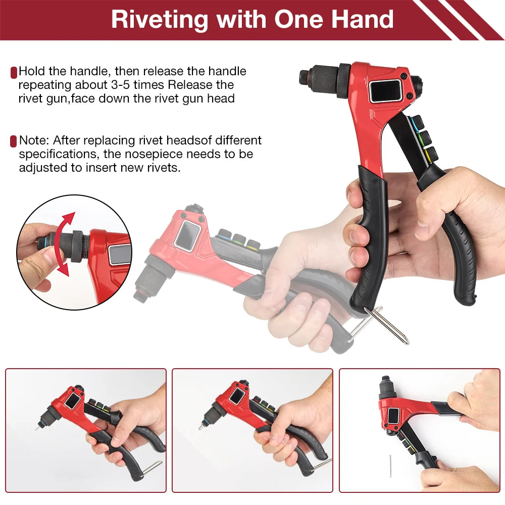 A red manual rivet gun kit with interchangeable heads is shown being used to install rivets.