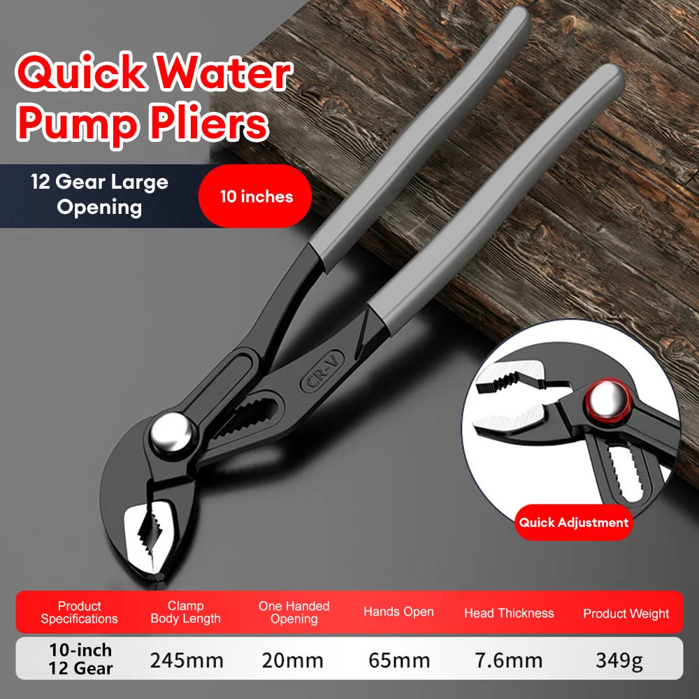 Une paire de pinces Quick Water Pump grises avec une ouverture de 10 pouces et 12 dents, sur fond en bois.