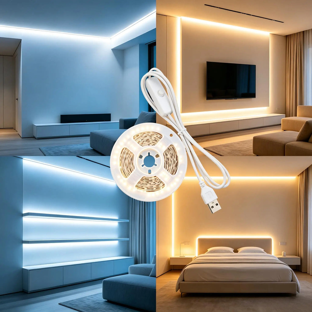 A modern bedroom interior featuring dual color USB LED strip lighting illuminating the room and a bed.