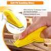 Yellow soft PU sanding discs and a hand demonstrating their use on a wooden surface.