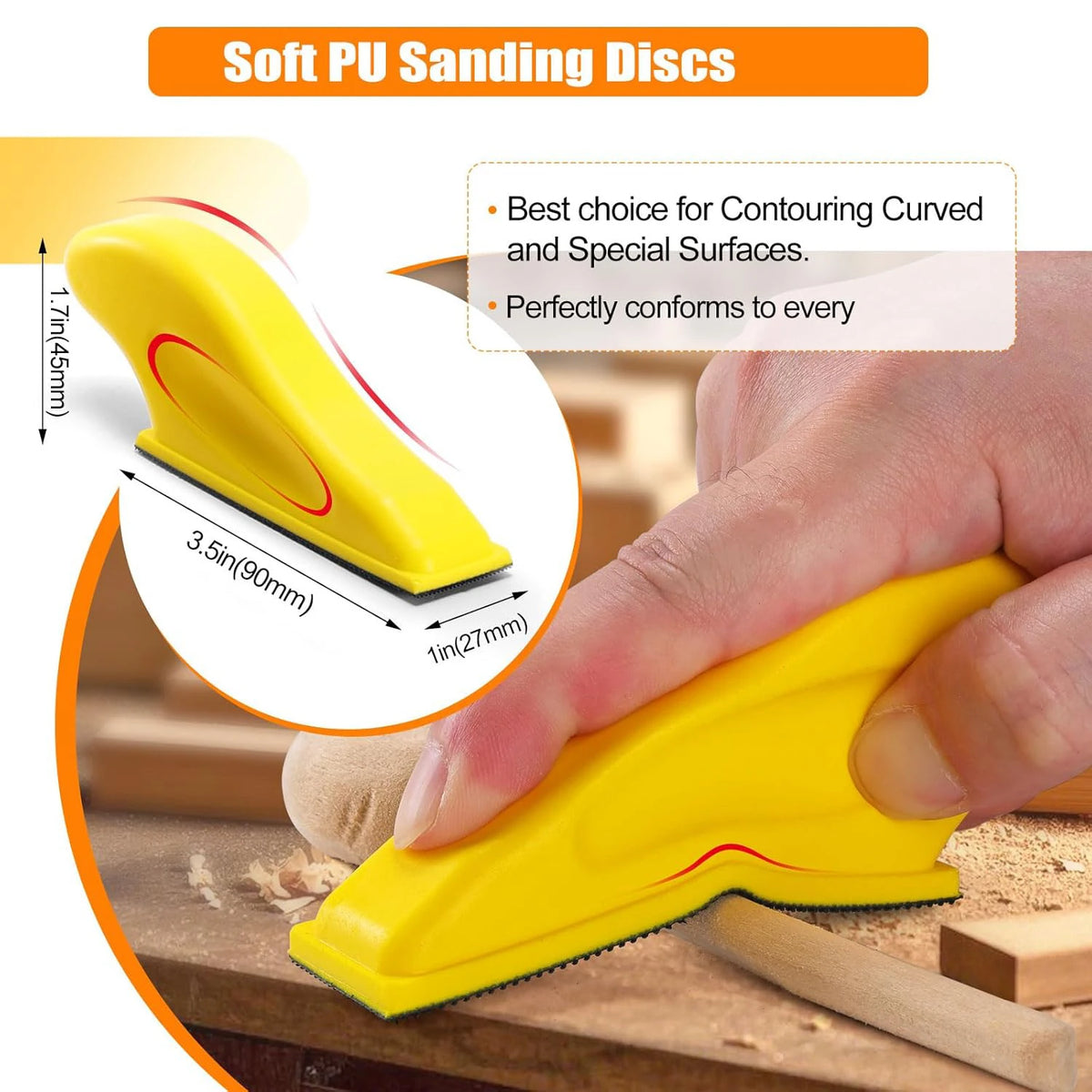 Yellow soft PU sanding discs and a hand demonstrating their use on a wooden surface.