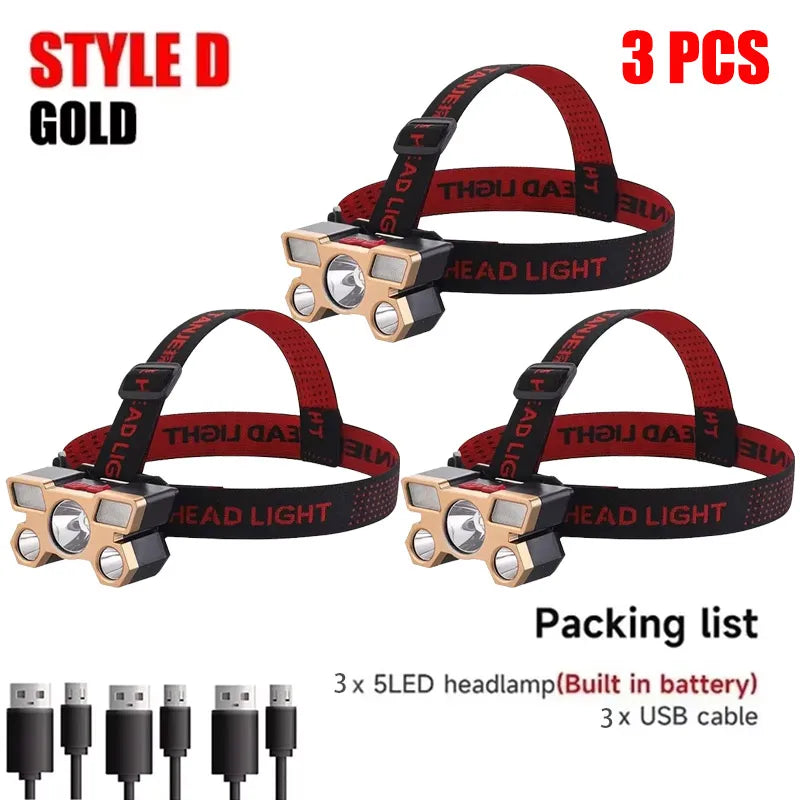Three gold style D LED headlamps with red straps and USB cables in packaging