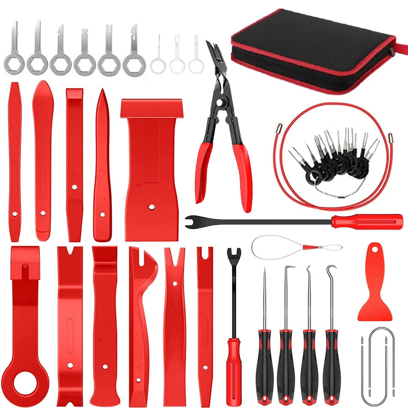 Colección de herramientas rojas y negras para quitar molduras interiores automotrices, incluyendo alicates, cuchillos e instr