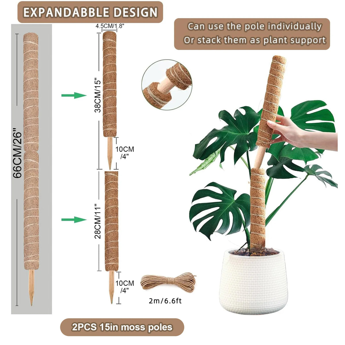 Two 15-inch natural brown moss poles used as expandable plant support for tropical leaves.