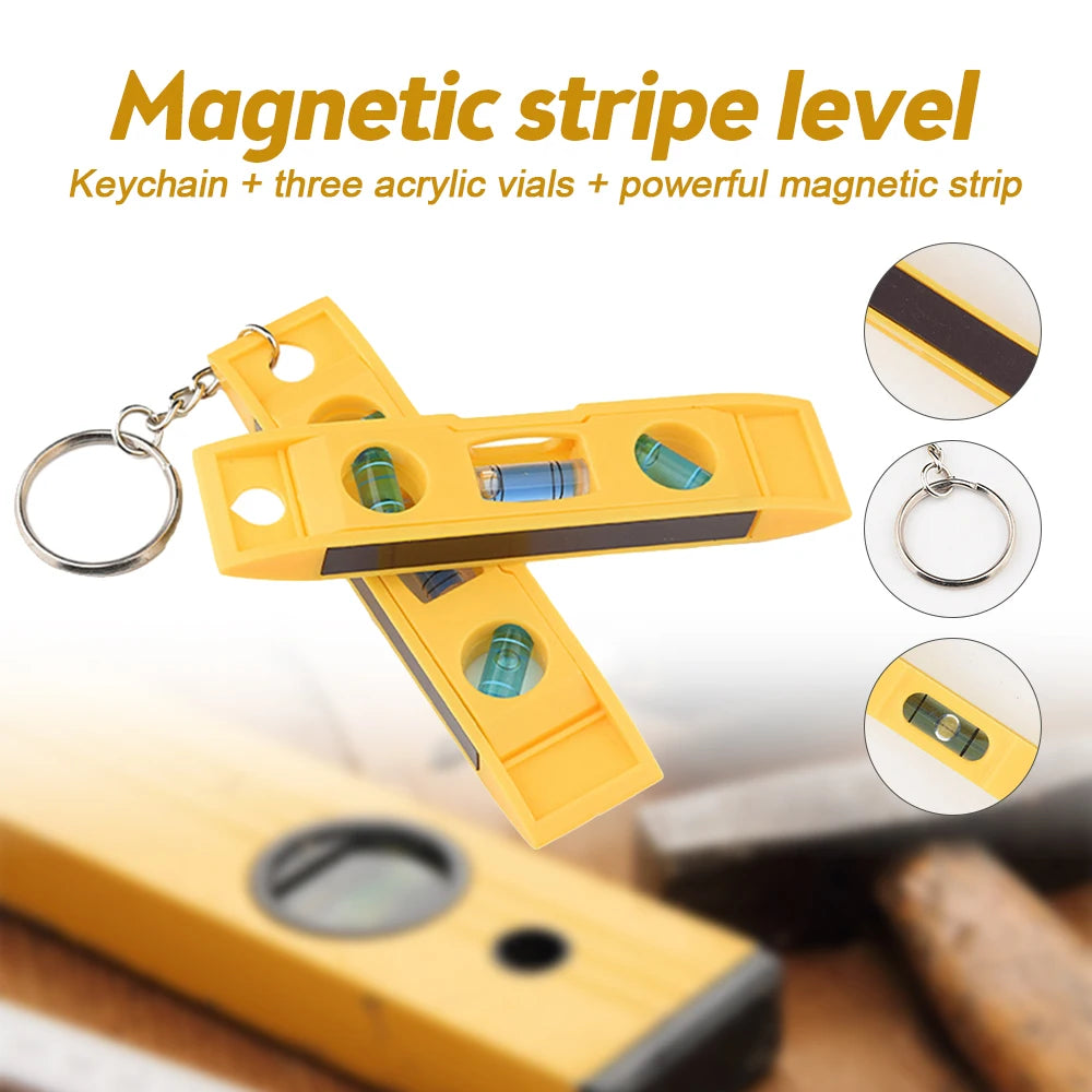 Yellow magnetic stripe level keychain with three acrylic vials for precision measurement