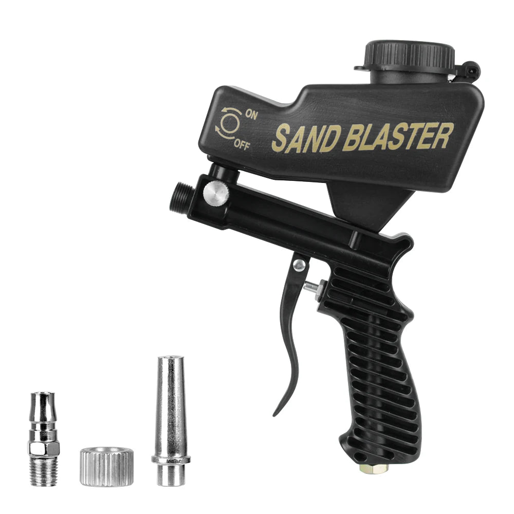 A black pneumatic sandblasting gun with various components including a nozzle and barrel.
