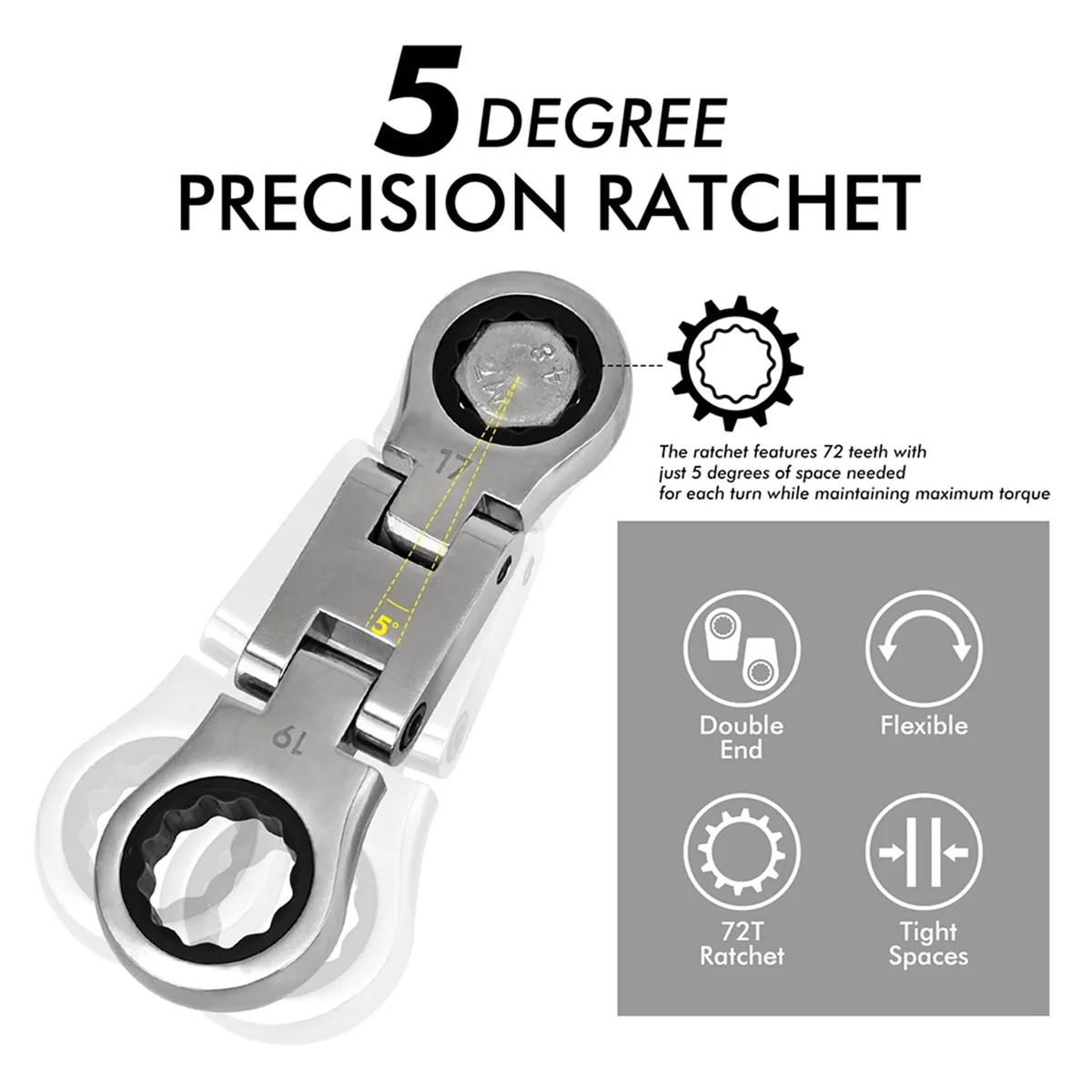 Gros plan d'un outil à crémaillère de précision de 5 degrés, avec une double extrémité et un design flexible.