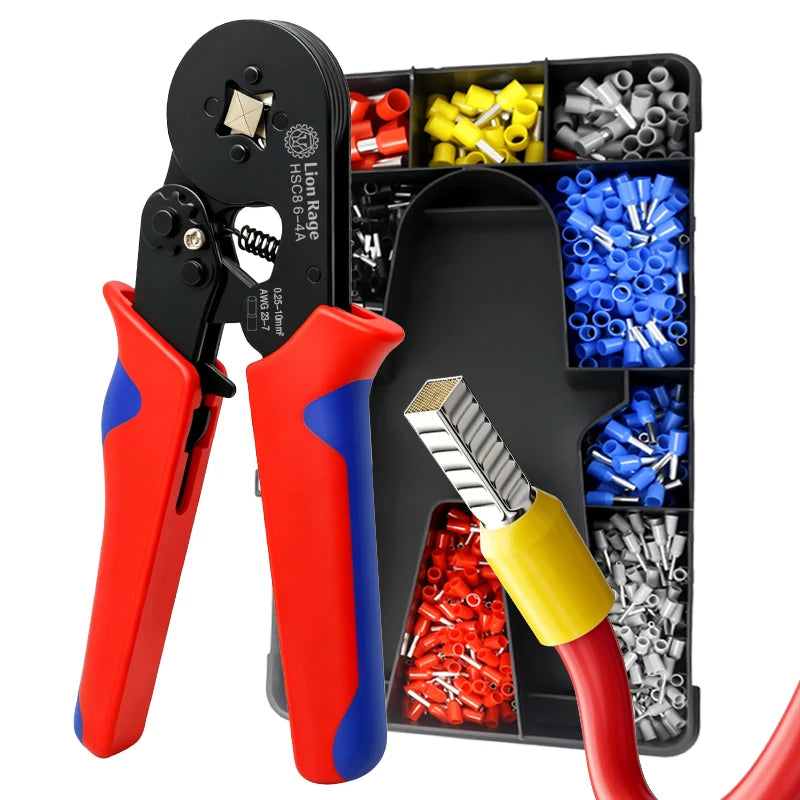 A black precision crimping tool kit with red and blue handles and various wire stripping tools is shown.