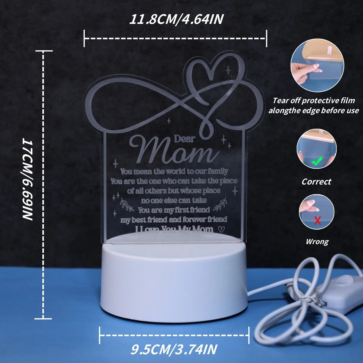 A white decorative night light featuring a heart design and text, shown with dimensions.