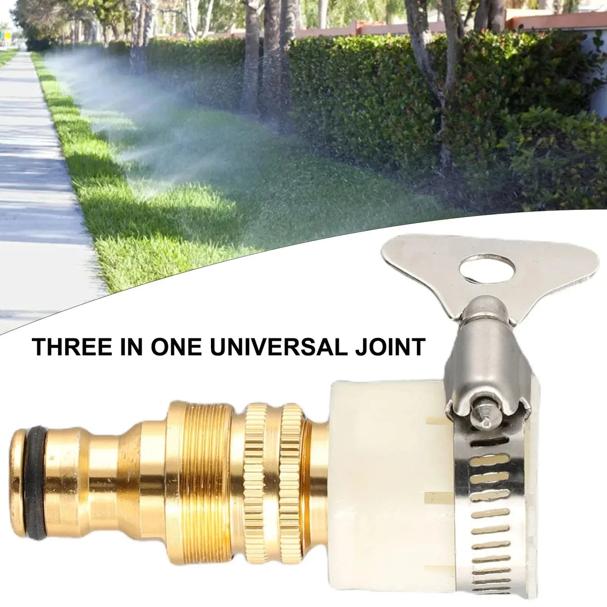 Adaptador universal de tres en uno plateado para conectar mangueras y grifos.