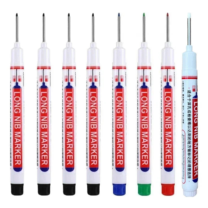 A set of long nib marker pens used for precision perforating and deep hole marking in various colors.