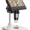 A black digital microscope with a silver stand and a glass slide is shown on a white base.