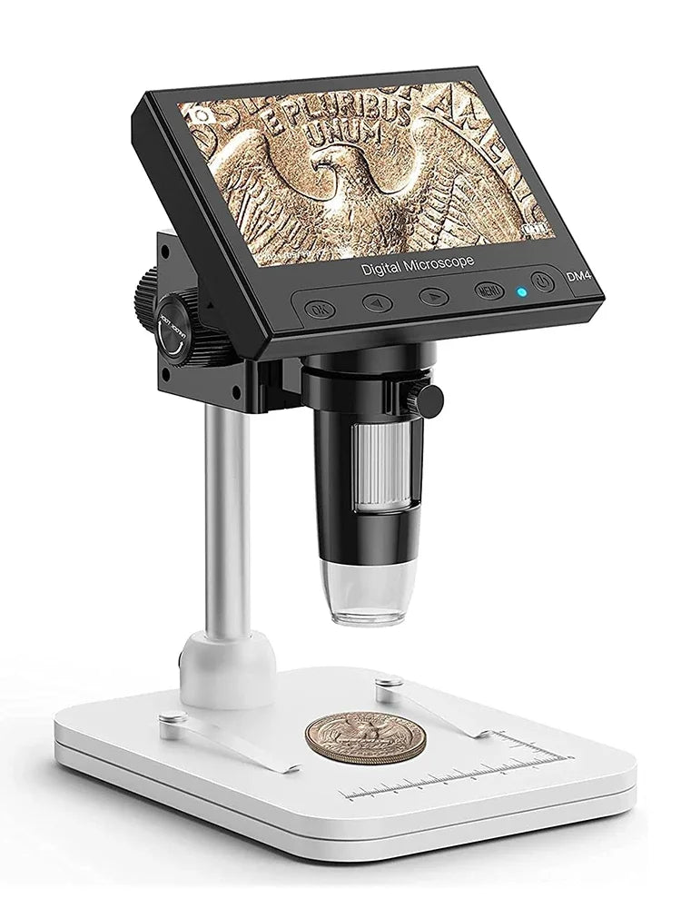 A black digital microscope with a silver stand and a glass slide is shown on a white base.