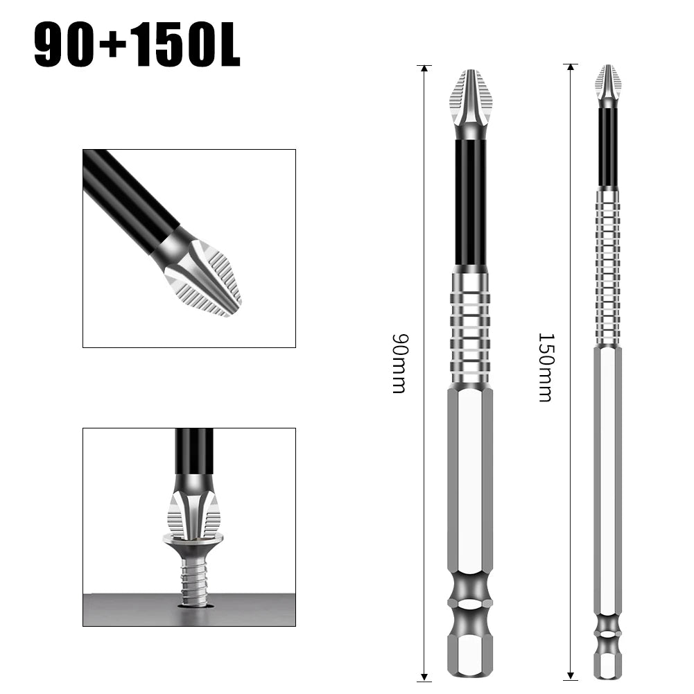 A set of precision magnetic drill bits, including 90mm and 150mm sizes, shown in various views.