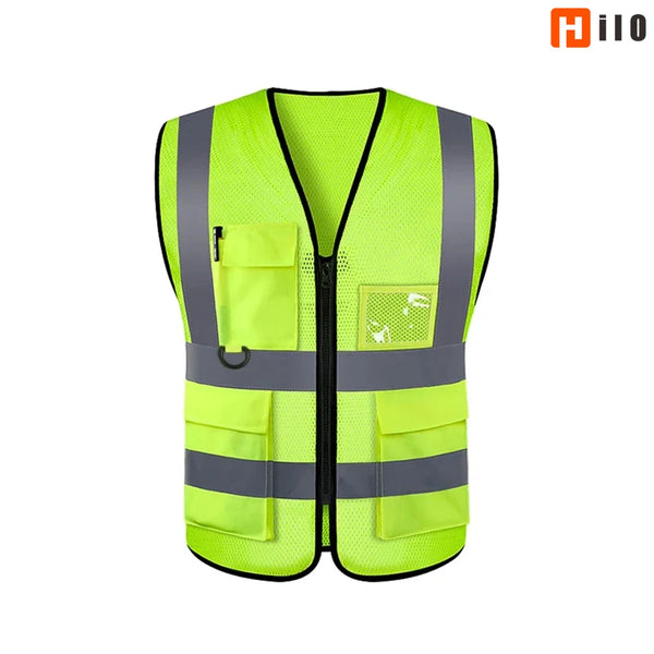 A bright neon yellow high-visibility reflective safety vest with multiple pockets and reflective stripes.