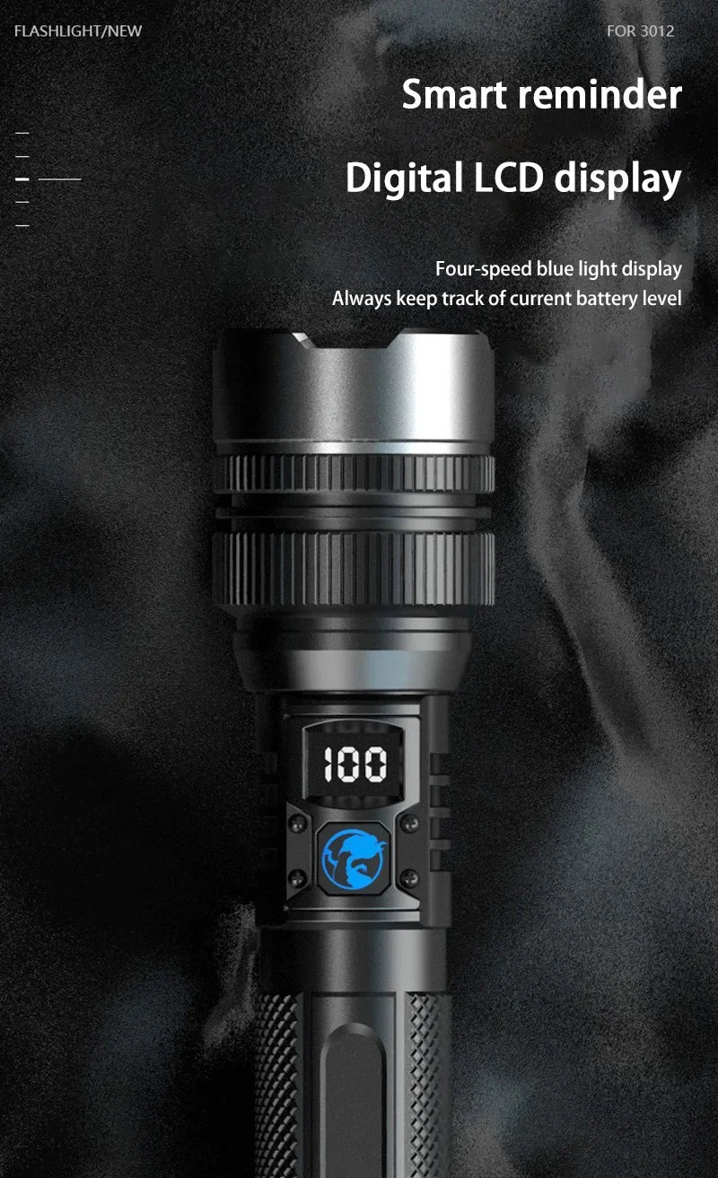 A close-up view of a black flashlight with a digital LCD display showing 100% battery level.