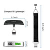 A portable digital luggage scale shown with its components: a compact scale, a hanging strap, and a silver base.