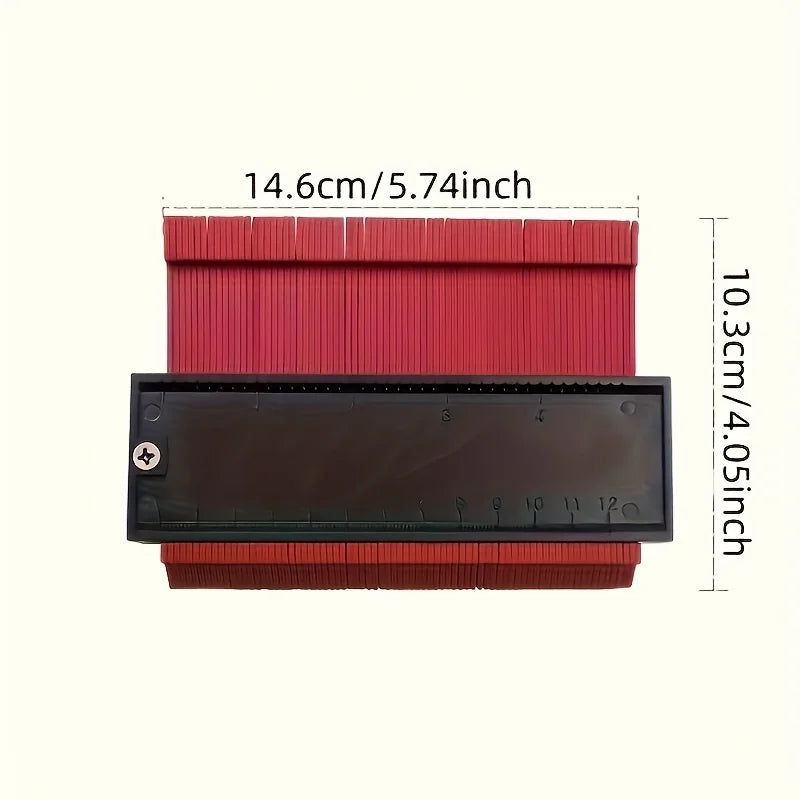A precision plastic contour measuring ruler in red and black showing dimensions of 14.6cm/5.74inch and 10.3cm/4.05inch.