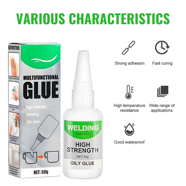 A bottle of high strength oily glue for welding and various applications is shown next to its packaging.