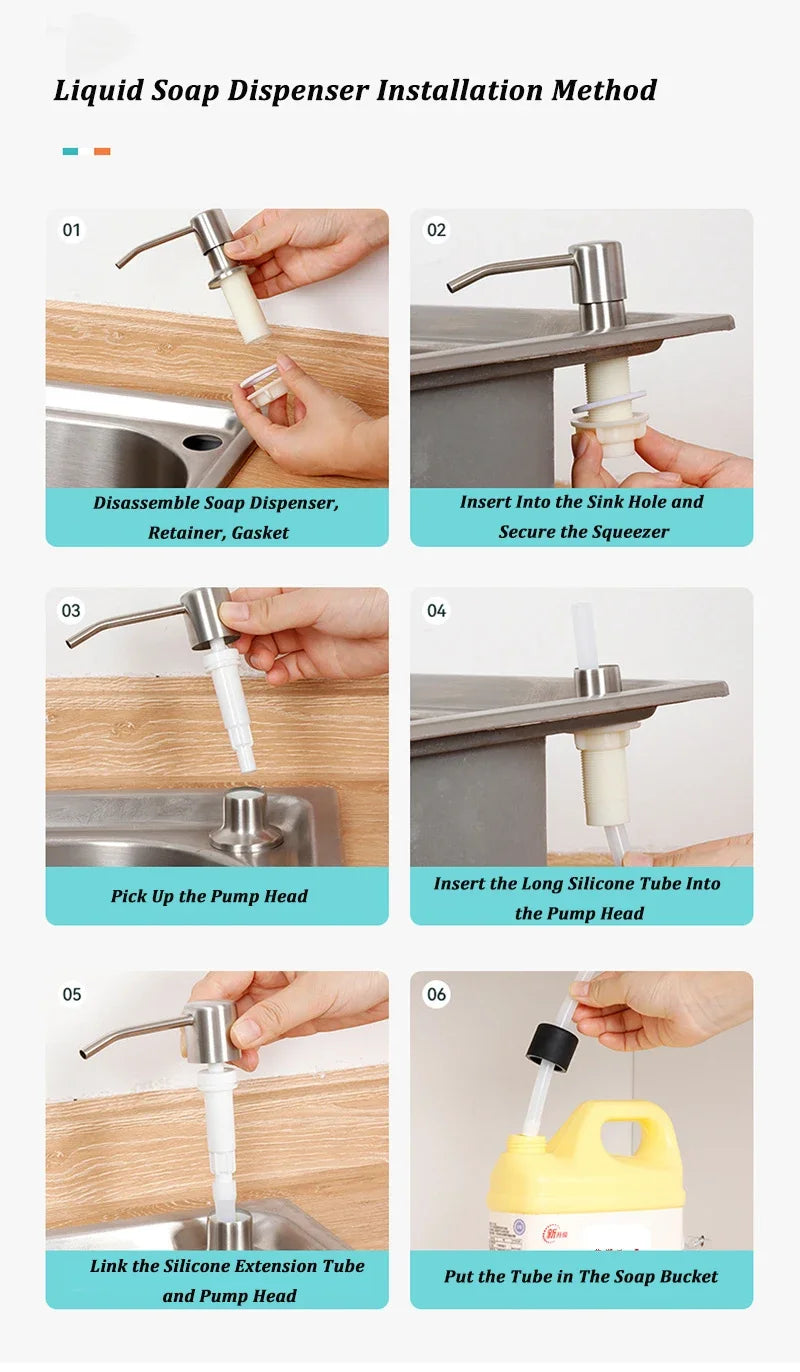 Step-by-step guide showing the installation method for a liquid soap dispenser using an extension tube and pump head.