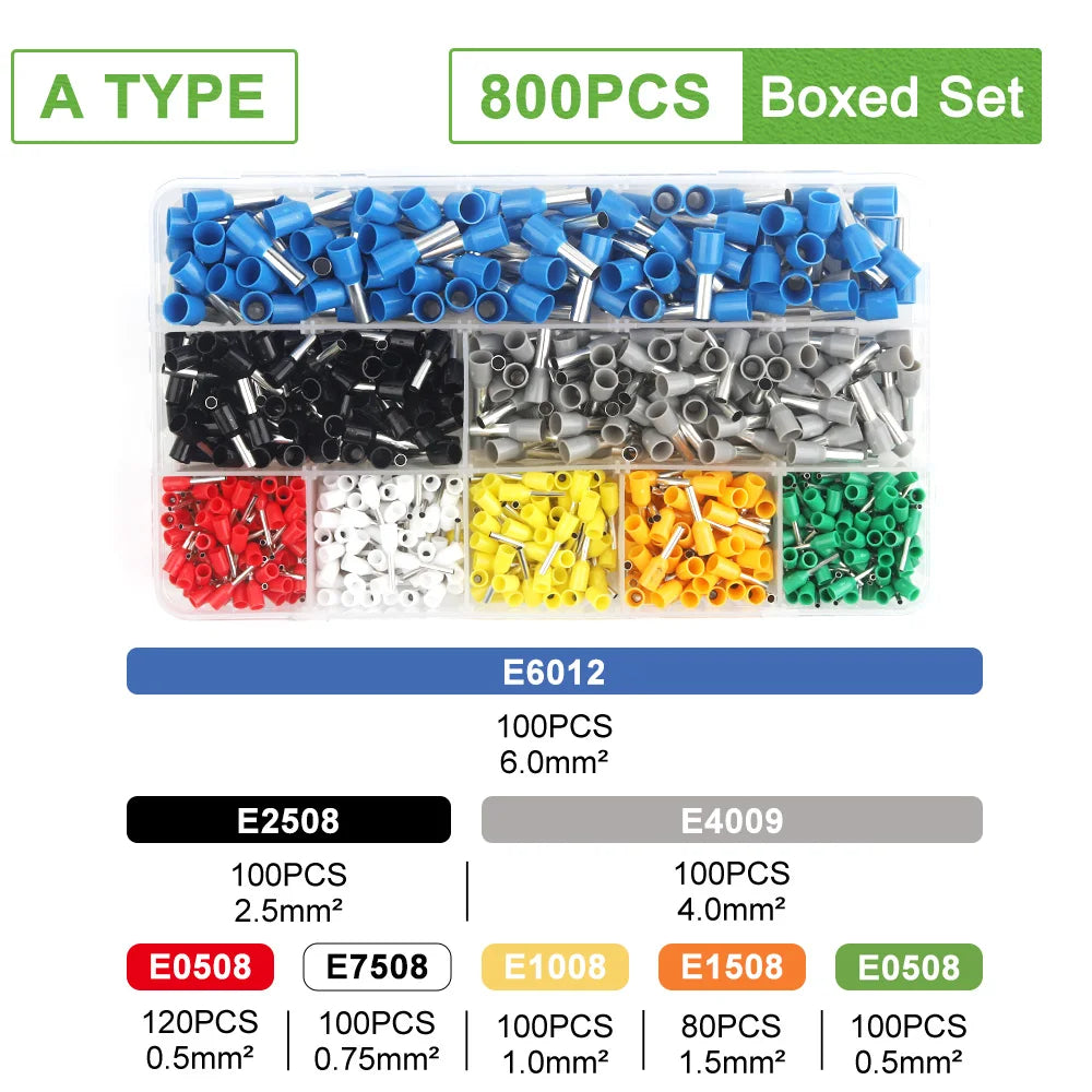Boxed set of various size and material crimp terminals including E6012, E2508, E4009, and E0508