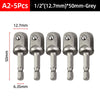 Five grey 1/2 inch socket adapters with a 50mm length and 6.35mm shaft diameter