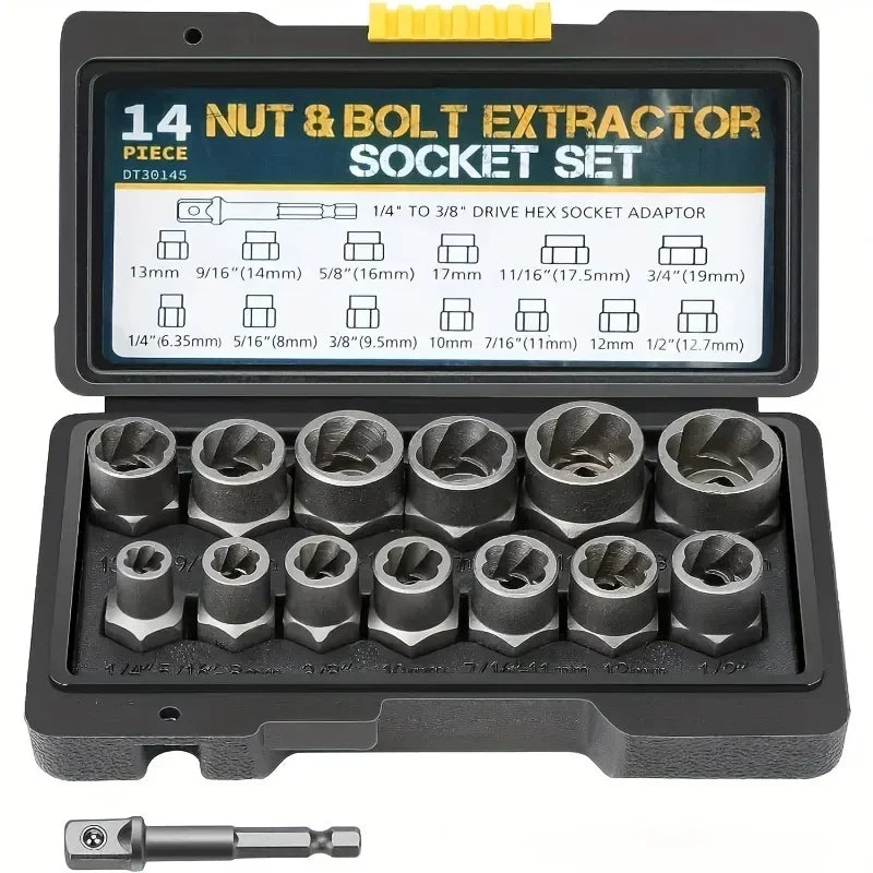 An open black case containing a 14 piece nut and bolt extractor socket set with various sized sockets.